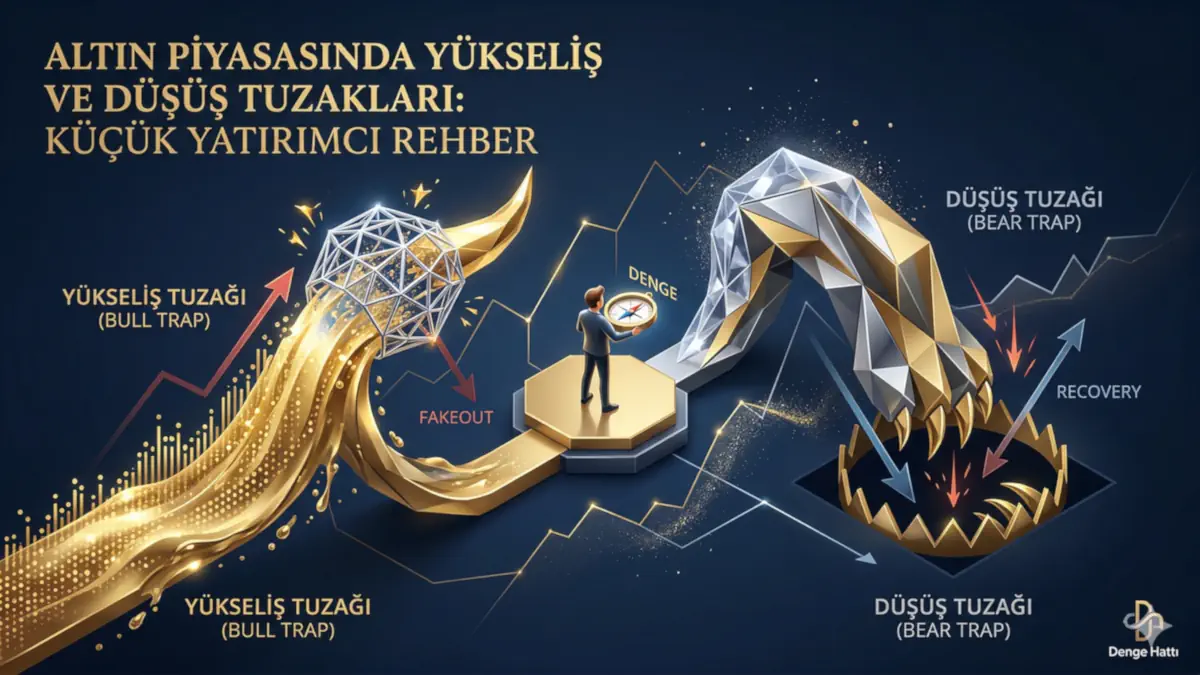 Altın yükseliş ve düşüş tuzakları rehberi için özel tasarlanmış, piyasadaki boğa (bull) ve ayı (bear) tuzaklarını temsil eden 3D analiz ve yatırımcı görseli