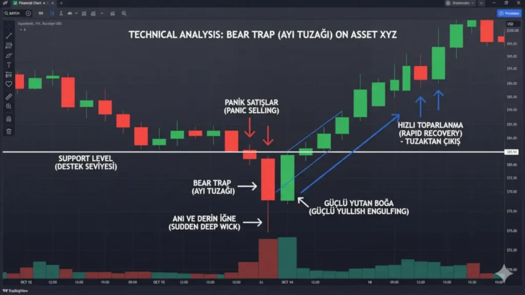 Altın ve finans piyasalarında balinaların likidite avı için kullandığı ayı tuzağı (bear trap) anını detaylandıran teknik analiz eğitim grafiği. Destek altı sahte kırılım, stop patlatma iğnesi ve ardından gelen güçlü yükseliş mumunu içerir