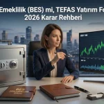 Bireysel Emeklilik (BES) ve TEFAS yatırım fonları 2026 karar rehberi makalesi için; ofisinde finansal grafikleri analiz eden kadın yatırımcı, kilitli çelik kasa ve dijital borsa ekranı içeren profesyonel finans kapak görseli.