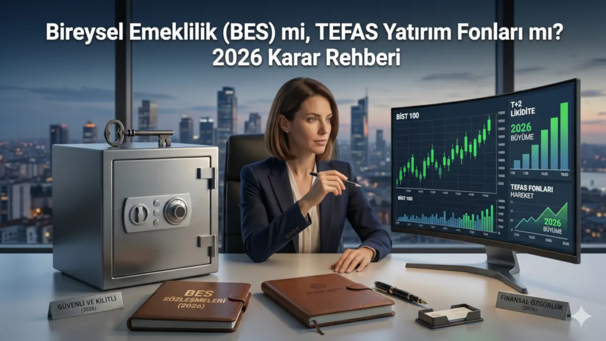 Bireysel Emeklilik (BES) ve TEFAS yatırım fonları 2026 karar rehberi makalesi için; ofisinde finansal grafikleri analiz eden kadın yatırımcı, kilitli çelik kasa ve dijital borsa ekranı içeren profesyonel finans kapak görseli.