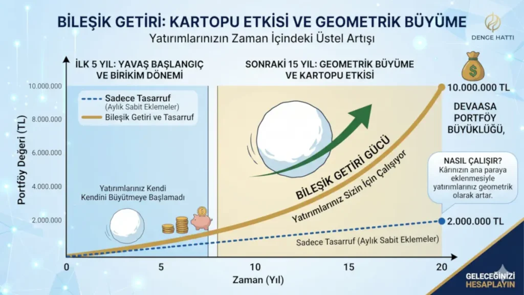 Bileşik getiri kartopu etkisi ile yatırımların ilk 5 yıl ve sonraki 15 yıl içindeki geometrik büyümesini gösteren finansal grafik.