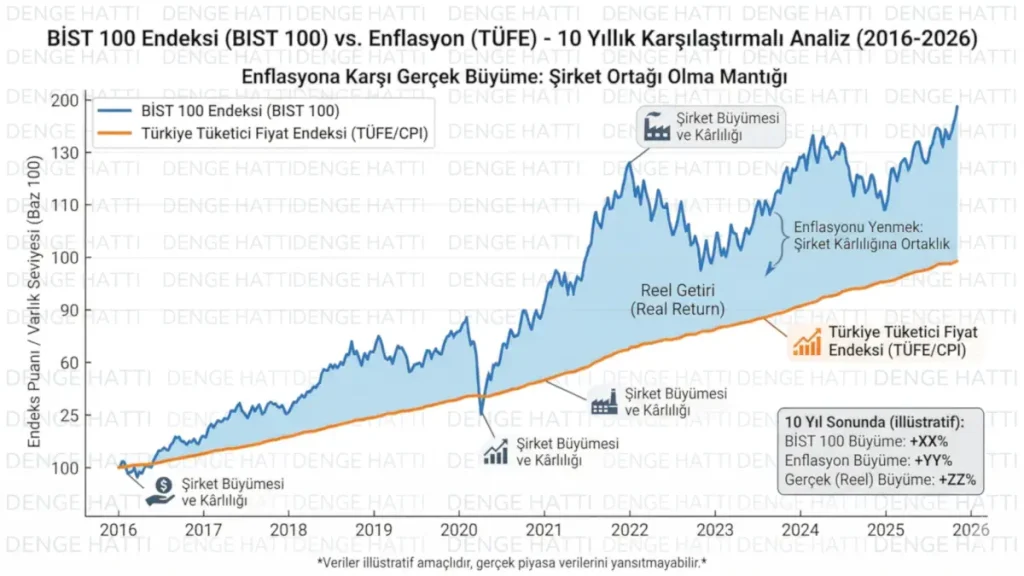 Borsa İstanbul (BİST 100) endeksinin son 10 yıllık performansını tüketici enflasyonu (TÜFE) ile kıyaslayan ve uzun vadeli şirket ortaklığının reel getirisini gösteren profesyonel piyasa analizi ve borsaya nasıl başlanır? grafiği