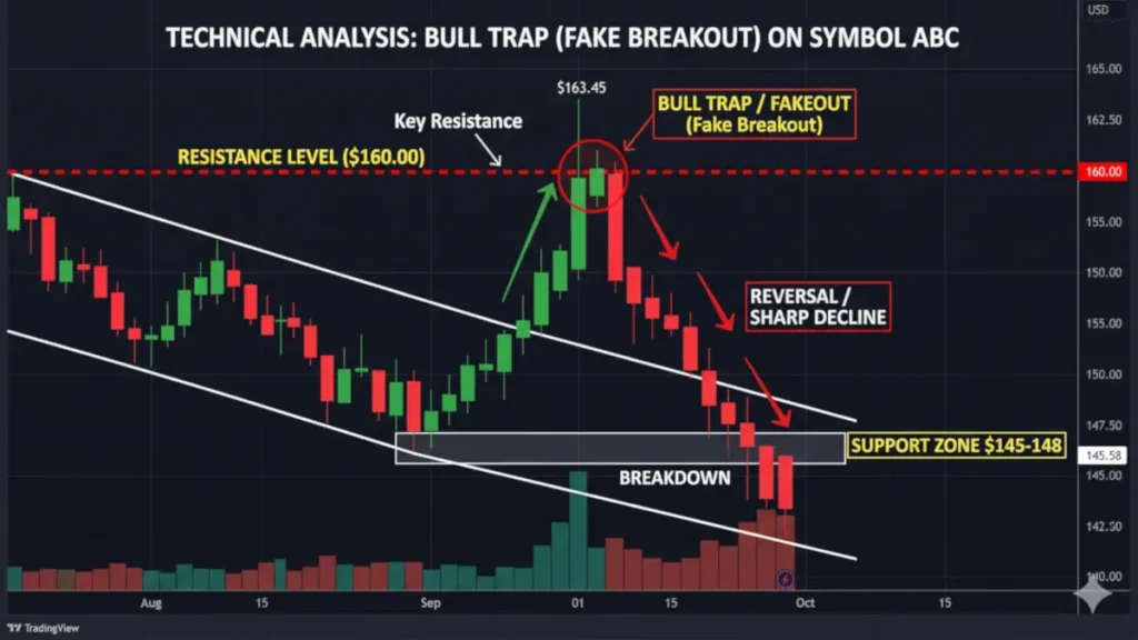 Altın ve finans piyasalarında yatırımcıların FOMO'ya kapıldığı boğa tuzağı (bull trap) anını, sahte direnç kırılımı (fakeout) ve ardından gelen sert düşüşü (reversal) detaylarıyla gösteren teknik analiz eğitim grafiği - Altın yükseliş ve düşüş tuzakları