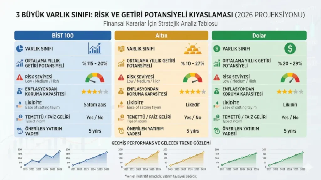 BİST 100 hisse senetleri, altın ve dolar varlık sınıflarının risk, getiri potansiyeli ve enflasyona karşı koruma kapasitelerini kıyaslayan 2026 projeksiyonu stratejik analiz tablosu