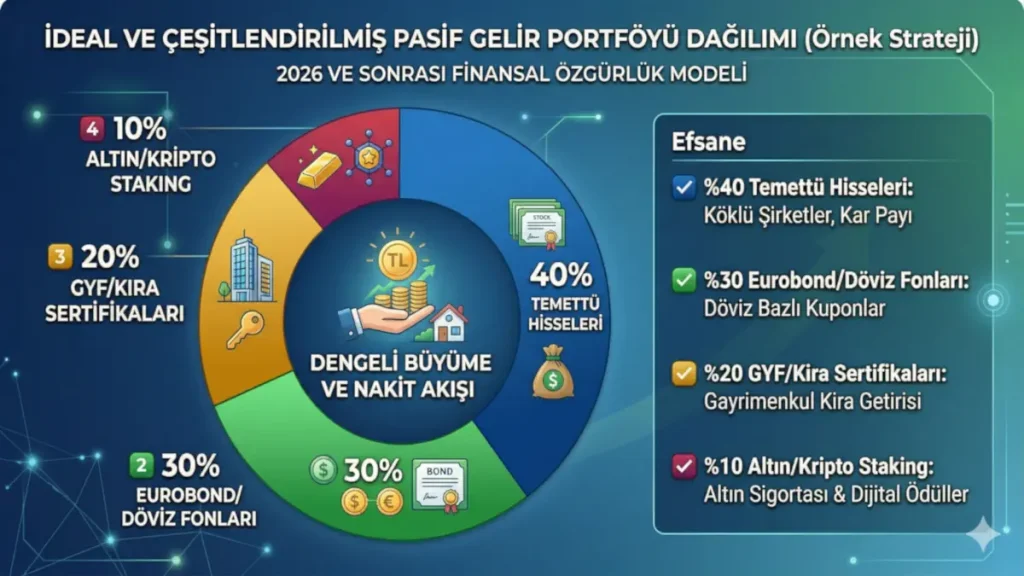 Temettü hisseleri, Eurobond döviz fonları, gayrimenkul yatırım fonları (GYF) ve altın/kripto varlıklarından oluşan, küçük yatırımcılar için ideal ve çeşitlendirilmiş pasif gelir portföyü dağılım oranlarını gösteren pasta grafik.