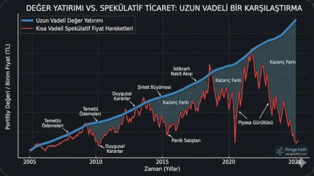 Uzun vadeli değer yatırımı ile kısa vadeli spekülatif fiyat hareketlerini karşılaştıran hisse senedi analizi grafiği
