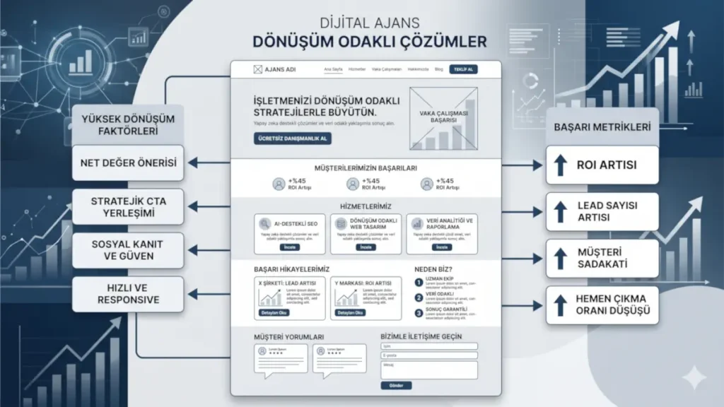 Yapay zeka destekli drop servicing ajansı için yüksek dönüşüm odaklı dijital ajans web sitesi tel kafes (wireframe) tasarımı ve UI/UX yapısı.