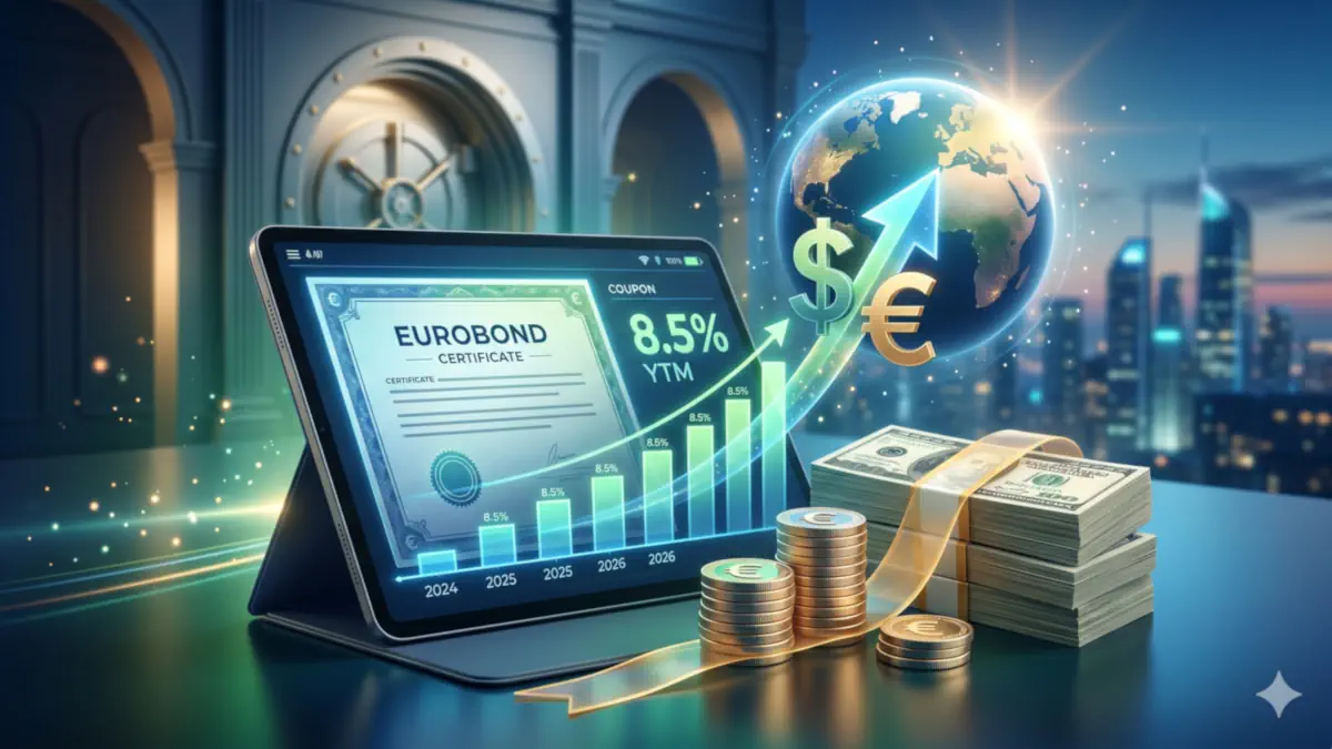 Dijital Eurobond yatırım sertifikası ve %8,5 YTM kupon getirisi gösteren tablet; yanında ABD Doları desteleri, Euro madeni paralar ve parlayan küre üzerinde yukarı yönlü büyüme oku.