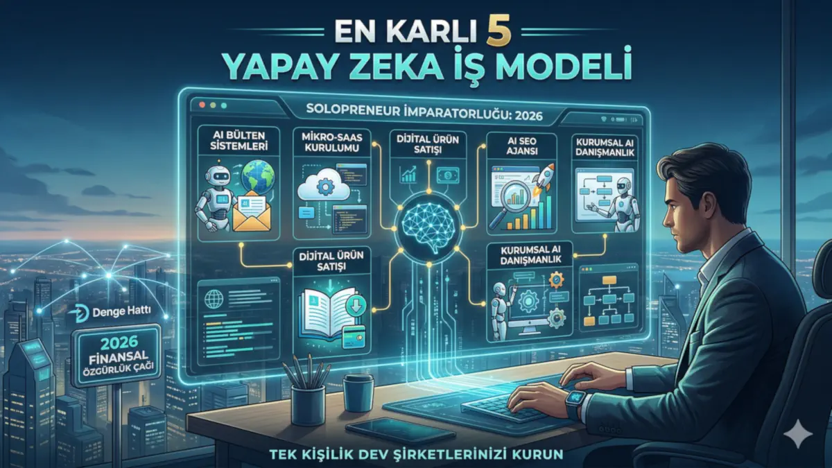 2026 yılının en karlı 5 yapay zeka iş modelleri ile sıfır sermayeli tek kişilik dev dijital şirket (solopreneur) imparatorluğu kurmayı gösteren fütüristik konsept kapak görseli.