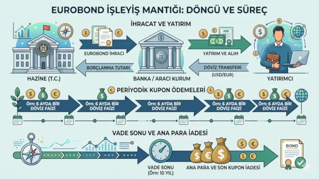 Eurobond yatırımı ve işleyiş mantığı ve döviz bazlı kupon ödemesi döngüsünü adım adım gösteren detaylı infografik. Hazine, aracı banka ve yatırımcı arasındaki sabit getiri sistemi.