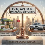 2026 yılı enflasyonist ortamında ev (gayrimenkul) ve araba (otomobil) yatırımının kârlılık kıyaslamasını gösteren finansal karar terazisi kapak görseli
