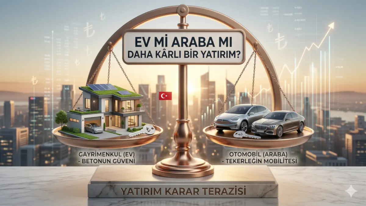 2026 yılı enflasyonist ortamında ev (gayrimenkul) ve araba (otomobil) yatırımının kârlılık kıyaslamasını gösteren finansal karar terazisi kapak görseli