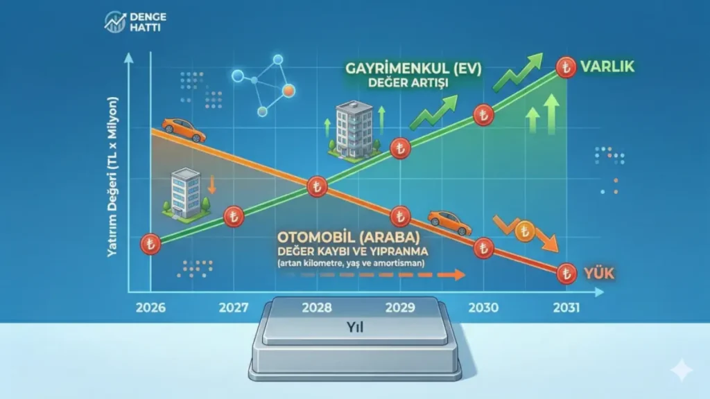 2026 yılı enflasyon verilerine göre ev ve araba yatırımının 5 yıllık değer artışı, yıpranma payı ve amortisman karşılaştırması grafiği.