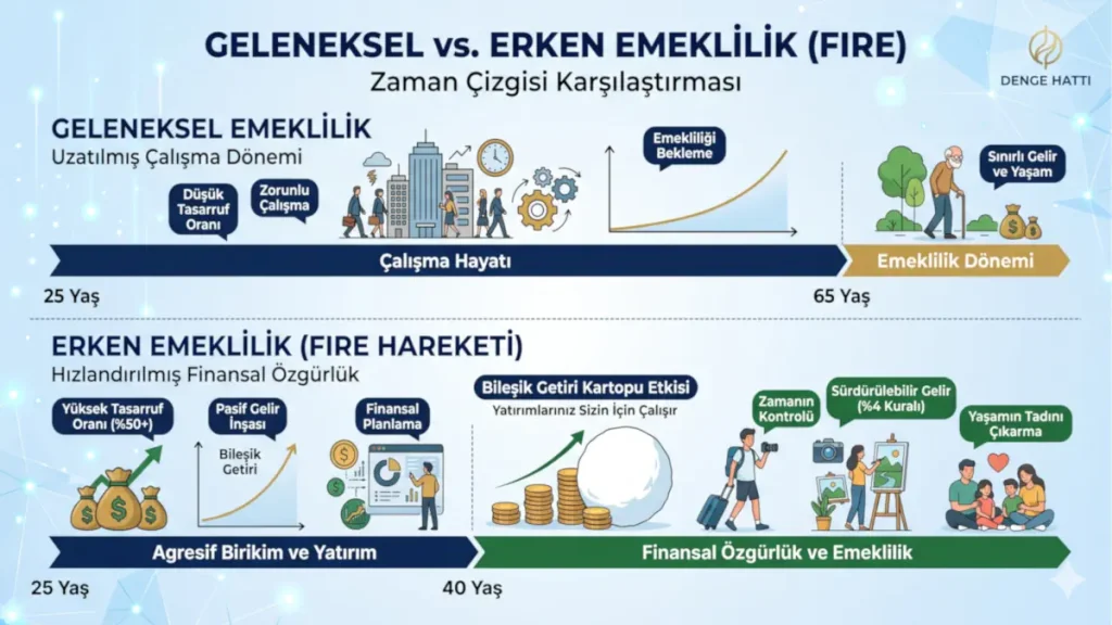 Geleneksel emeklilik ile FIRE hareketi erken emeklilik modelleri arasındaki zaman çizgisi ve finansal özgürlük karşılaştırma grafiği.