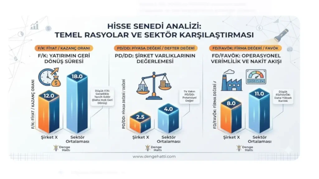 F/K, PD/DD ve FD/FAVÖK gibi temel analiz rasyolarının sektör ortalamaları ile nasıl karşılaştırılacağını gösteren hisse senedi infografiği