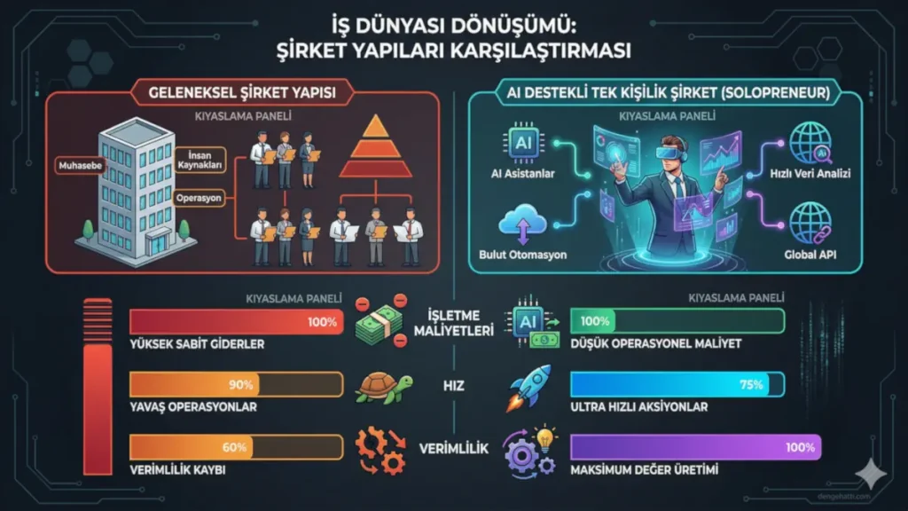 Geleneksel şirket yapısı ile yapay zeka destekli tek kişilik şirket (solopreneur) arasındaki operasyonel maliyet, hız ve verimlilik kıyaslamasını gösteren detaylı grafik. Yapay zeka iş modelleri avantajları.