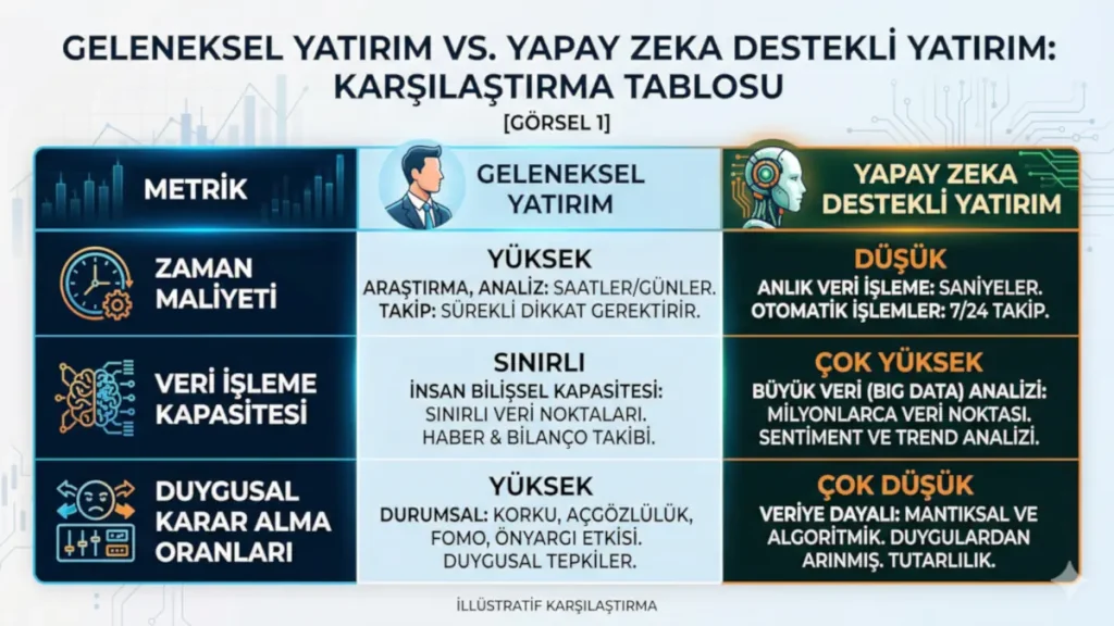 Geleneksel yatırım yöntemleri ile yapay zeka yatırım araçları arasındaki farkları; zaman maliyeti, veri işleme kapasitesi ve duygusal karar alma metrikleri üzerinden inceleyen karşılaştırma tablosu.