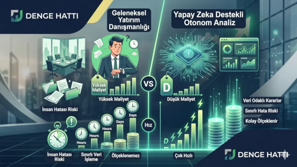 Geleneksel yatırım danışmanlığı süreçleri ile yapay zeka destekli otonom finansal portföy yönetiminin maliyet, hız ve hata payı açısından karşılaştırmalı infografiği.