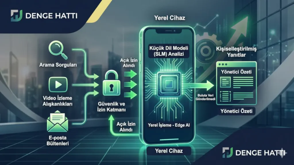 Google Kişisel Zeka güncellemesi kapsamında veri mahremiyetini sağlayan cihaz içi yapay zeka (Edge AI) ve küçük dil modeli (SLM) yerel veri işleme akış şeması. Google Kişisel Zeka ve Stanford AI Index 2026
