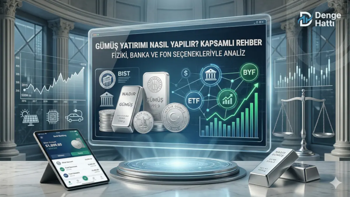 Gümüş yatırımı nasıl yapılır sorusuna detaylı yanıt sunan; fiziki külçe gümüşleri, dijital bankacılık uygulamalarını ve ETF borsa fon grafiklerini teknolojik bir konseptte bir arada gösteren kurumsal rehber kapak görseli.