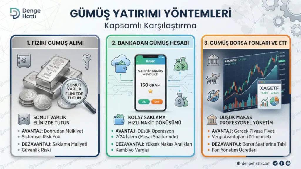 Gümüş yatırımı nasıl yapılır sorusuna cevap veren; fiziki gümüş, banka gümüş hesabı ve gümüş borsa fonları (ETF) yöntemlerinin avantaj ve dezavantajlarını karşılaştıran kavramsal infografik.