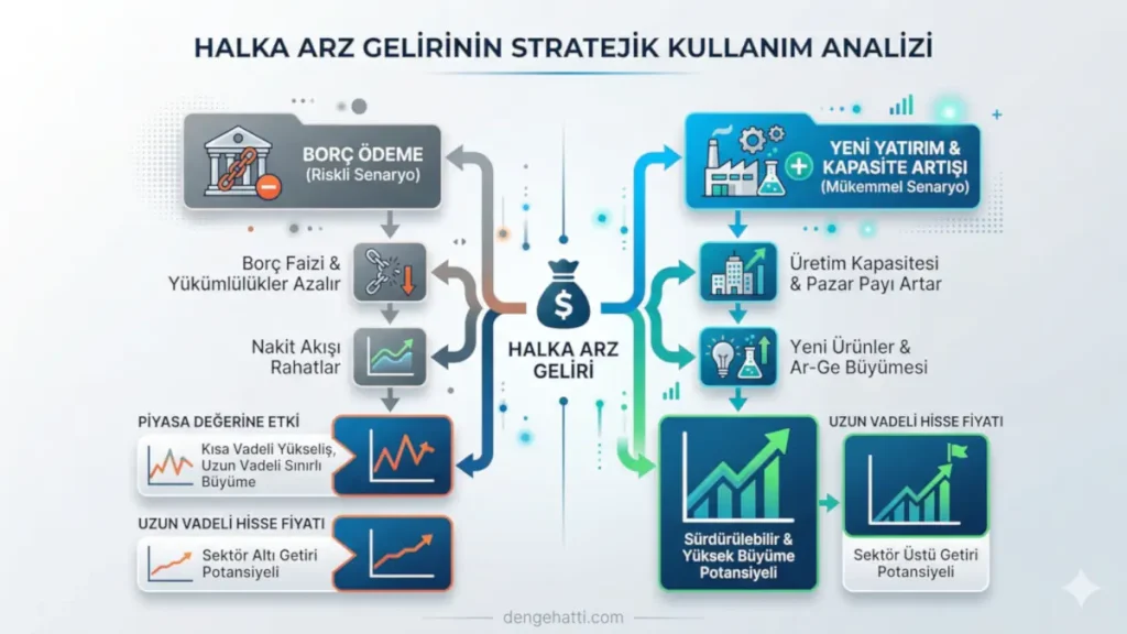 Halka Arz Fon Kullanım Yeri Analizi: İzahnamede yer alan gelirin borç ödemeye veya yeni yatırıma ayrılması durumunda uzun vadeli hisse fiyatına etkilerini gösteren akış şeması.