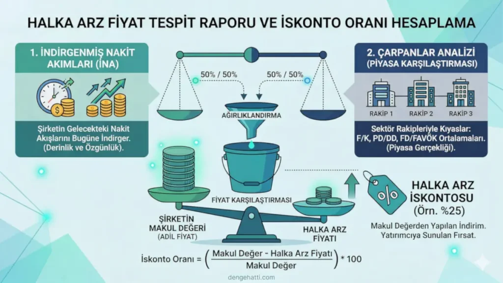 İzahnamede yer alan fiyat tespit raporuna göre halka arz iskonto oranının (İNA ve piyasa çarpanları analizi ile) nasıl hesaplandığını gösteren infografik.