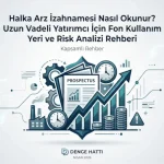 Halka arz izahnamesi nasıl okunur makalesi için fon kullanım yeri, risk analizi, büyüme potansiyeli ve finansal tabloları simgeleyen modern kurumsal dijital illüstrasyon.