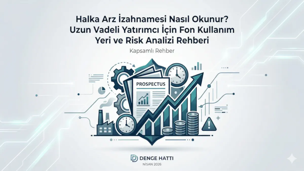 Halka arz izahnamesi nasıl okunur makalesi için fon kullanım yeri, risk analizi, büyüme potansiyeli ve finansal tabloları simgeleyen modern kurumsal dijital illüstrasyon.