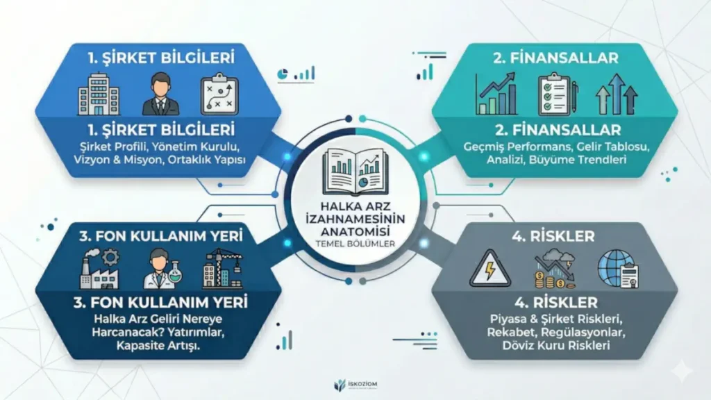 Halka Arz İzahnamesinin Anatomisi İnfografiği: Şirket Bilgileri, Finansallar, Fon Kullanım Yeri ve Riskler Bölümlerini Gösteren Modern Grafik.