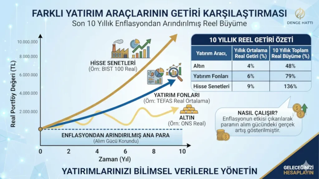 Hisse senetleri, yatırım fonları ve altının son 10 yıllık enflasyondan arındırılmış reel getiri karşılaştırmasını gösteren tablo ve büyüme grafiği