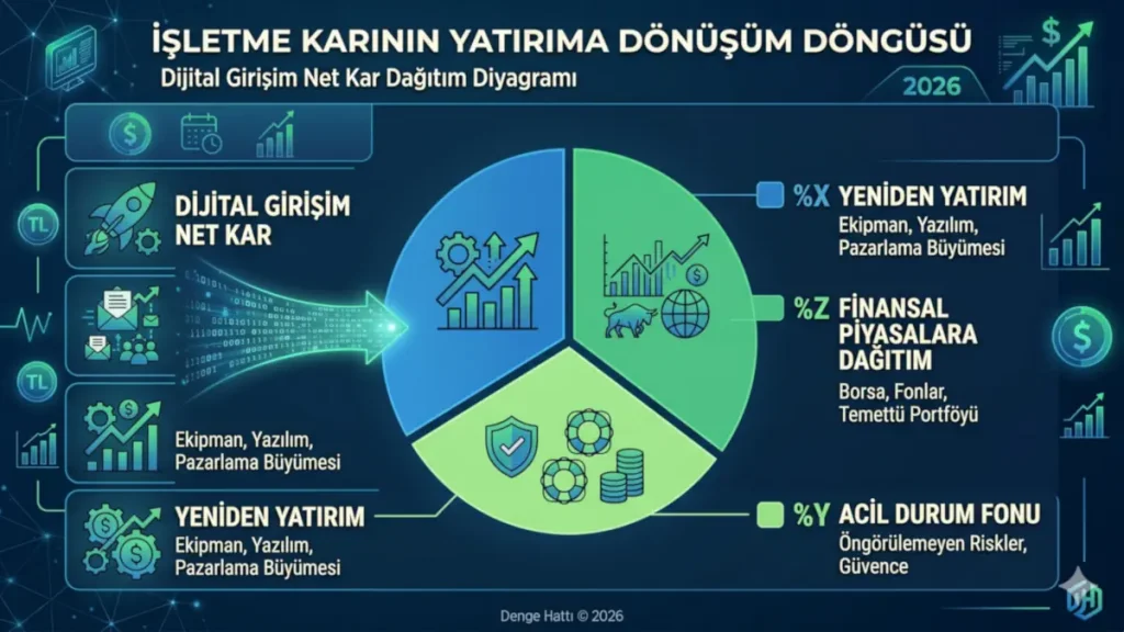 Dijital girişimlerden elde edilen işletme karının yeniden yatırım, acil durum fonu ve finansal piyasalara dağıtımını gösteren yatırıma dönüşüm döngüsü pasta grafiği.