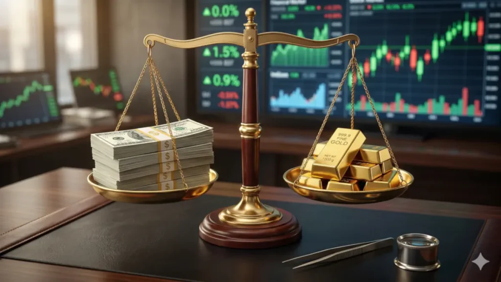 Küresel ekonomik dengeler kapsamında klasik bir terazi üzerinde Amerikan doları banknotları ile altın külçelerinin karşılaştırması ve arka planda borsa grafikleri.