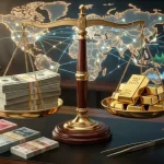 Küresel ekonomik dengeler, BRICS ülkeleri, yapay zeka devrimi ve dedolarizasyon sürecinde altın ile doların rekabetini gösteren premium finansal konsept.