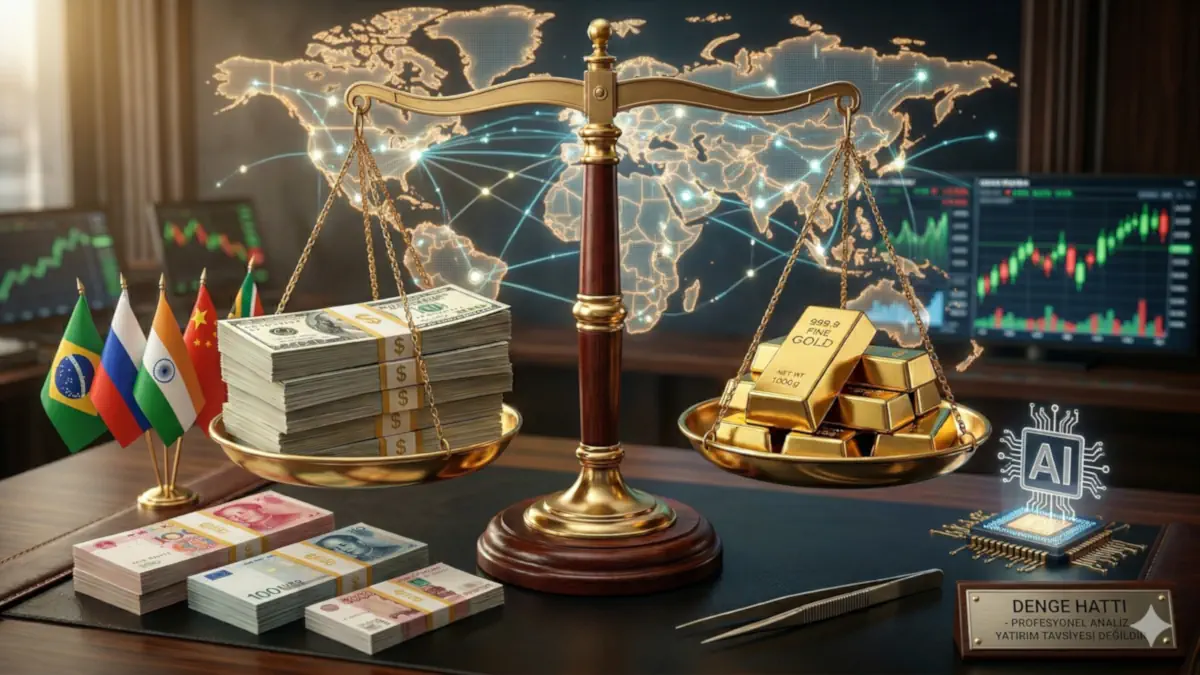 Küresel ekonomik dengeler, BRICS ülkeleri, yapay zeka devrimi ve dedolarizasyon sürecinde altın ile doların rekabetini gösteren premium finansal konsept.