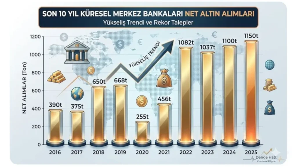 Son 10 yıllık küresel merkez bankaları net altın alımları ve yükseliş trendini gösteren bar grafiği.