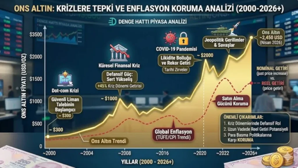 Ons altının 2000 yılından 2026'ya kadar küresel krizlere (pandemi, savaşlar, finansal krizler) verdiği yükseliş tepkisini ve yatırımcıyı enflasyona karşı nasıl koruduğunu gösteren detaylı trend çizgisi analizi grafiği.