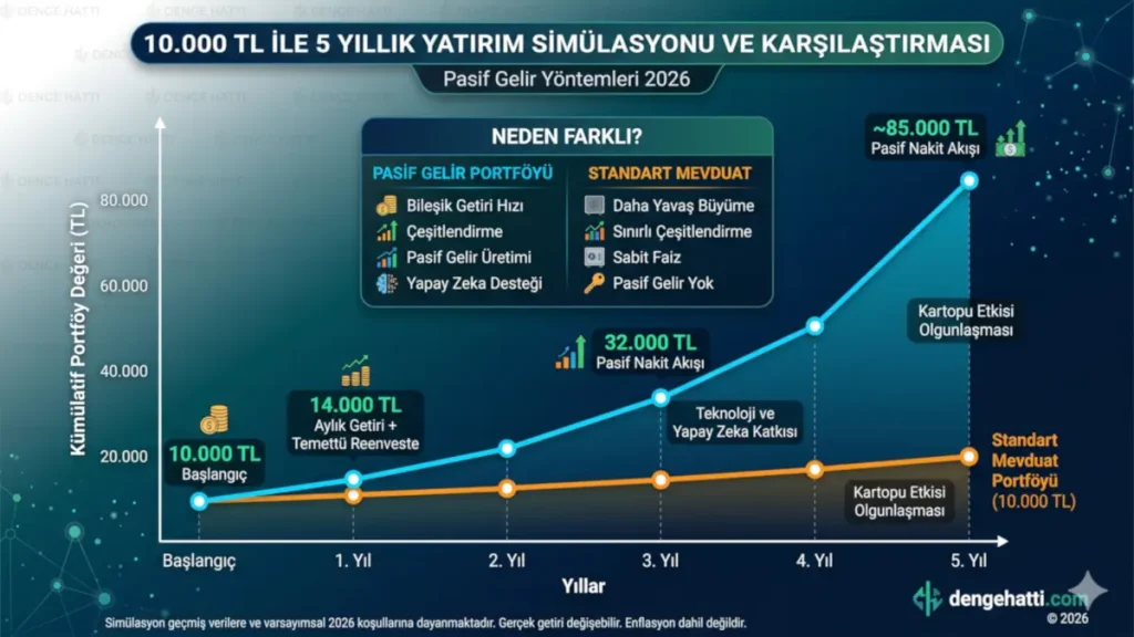 Pasif gelir yöntemleri 2026 vizyonuyla hazırlanan, 10.000 TL başlangıç sermayesinin standart mevduata karşı 5 yıllık yatırım simülasyonu ve büyüme grafiği.