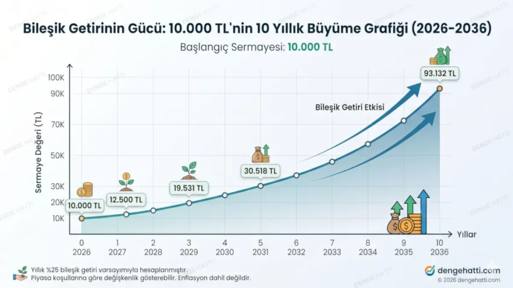 Pasif gelir yöntemleri 2026 stratejileriyle 10.000 TL başlangıç sermayesinin 10 yıllık bileşik getiri ve büyüme grafiği