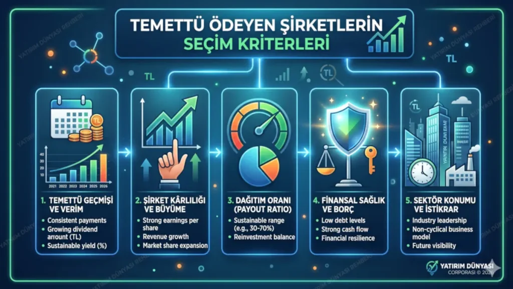 Pasif gelir yöntemleri 2026 stratejileri kapsamında, uzun vadeli temettü ödeyen şirketlerin seçim kriterlerini (kârlılık, dağıtım oranı, finansal sağlık) gösteren detaylı infografik.