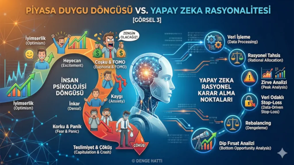 İnsan psikolojisinin yarattığı FOMO, panik ve teslimiyet gibi piyasa duygu döngüsü aşamaları ile yapay zekanın duygulardan arınmış, rasyonel ve veriye dayalı karar alma noktalarını karşılaştıran finansal grafik. Yapay zeka ile yatırım araçları