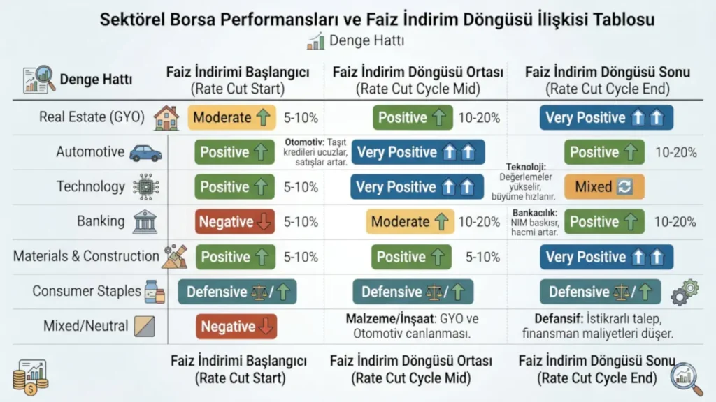 Sektörel borsa performanslarının faiz indirim döngüsü aşamalarına göre değişimini gösteren analiz tablosu Faizler düşerken nereye yatırım yapılır?