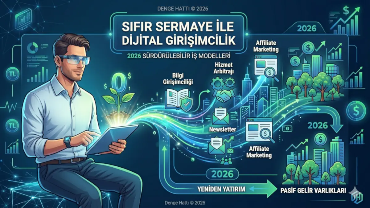 2026 yılı sıfır sermaye ile dijital girişimcilik ve tek kişilik şirketler için sürdürülebilir iş modelleri kapak görseli.