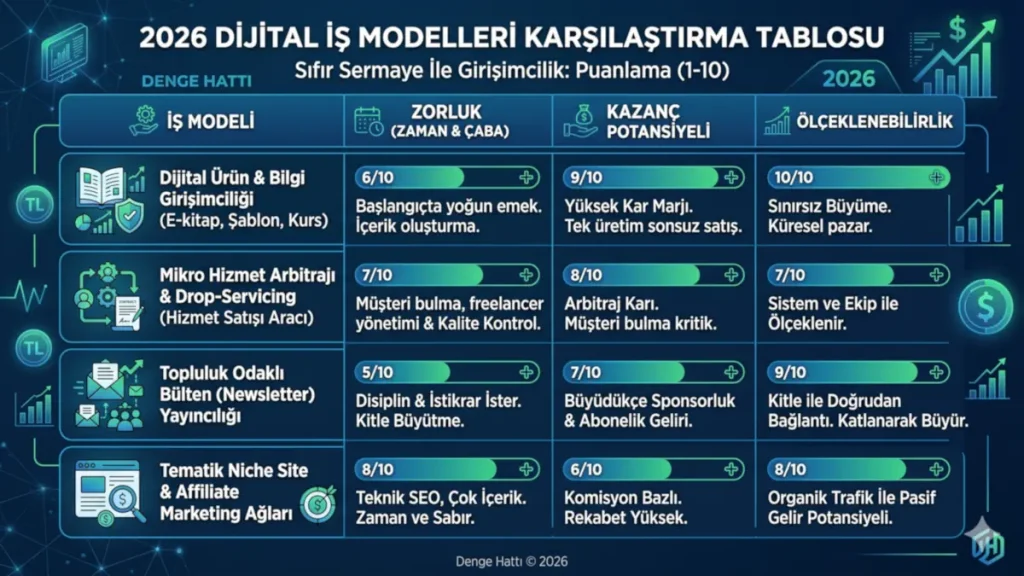 2026 yılı sıfır sermaye ile dijital girişimcilik iş modellerinin zorluk, kazanç potansiyeli ve ölçeklenebilirlik kriterlerine göre karşılaştırma tablosu.
