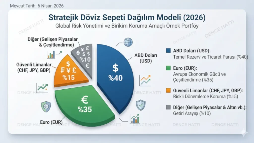 2026 yılı için kur riskini minimize etmeyi hedefleyen; ABD Doları, Euro ve güvenli limanlardan oluşan örnek stratejik döviz sepeti dağılım modeli ve rasyonel portföy yönetimi pasta grafiği