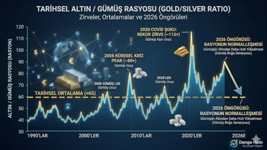 Tarihsel altın gümüş rasyosu zirveleri, ortalamaları ve 2026 gümüş fiyat tahminleri grafik analizi.