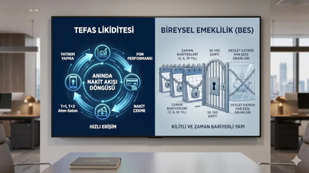 TEFAS yatırım fonlarının likidite avantajı ve anında nakit akışı döngüsü ile Bireysel Emeklilik (BES) sisteminin kilitli, zaman bariyerli yapısını gösteren karşılaştırmalı infografik.