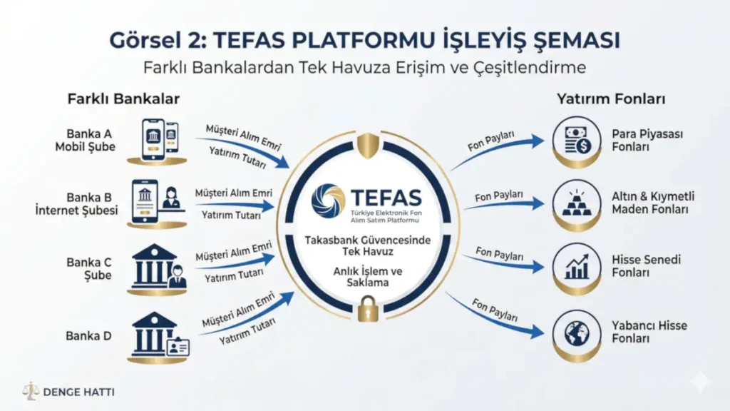 Farklı bankalardan TEFAS yatırım fonları platformuna tek merkezden erişim ve işleyiş mantığını gösteren şema