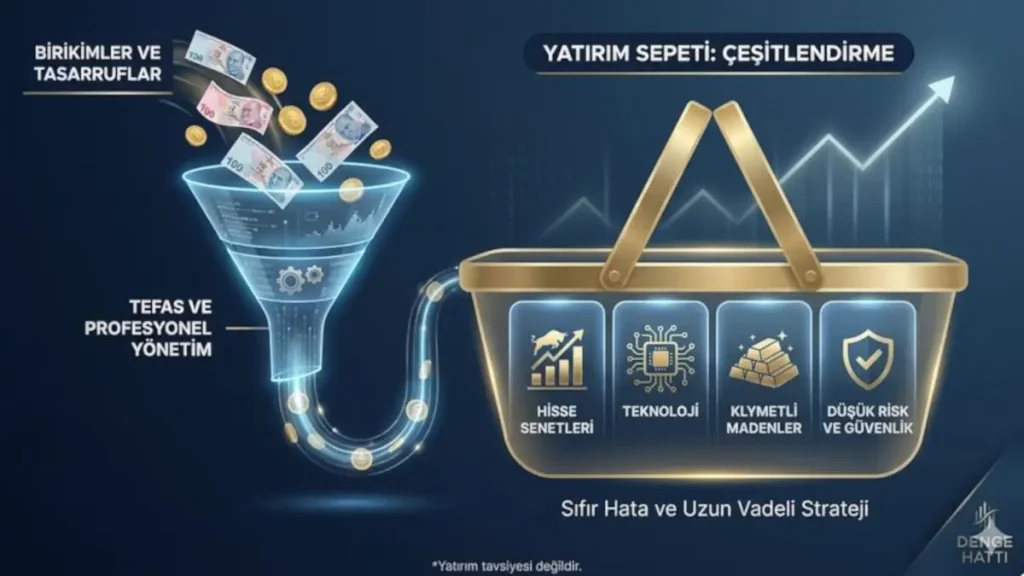 Küçük yatırımcılar için TEFAS yatırım fonları ile sepet oluşturma ve pasif gelir mantığını gösteren infografik.