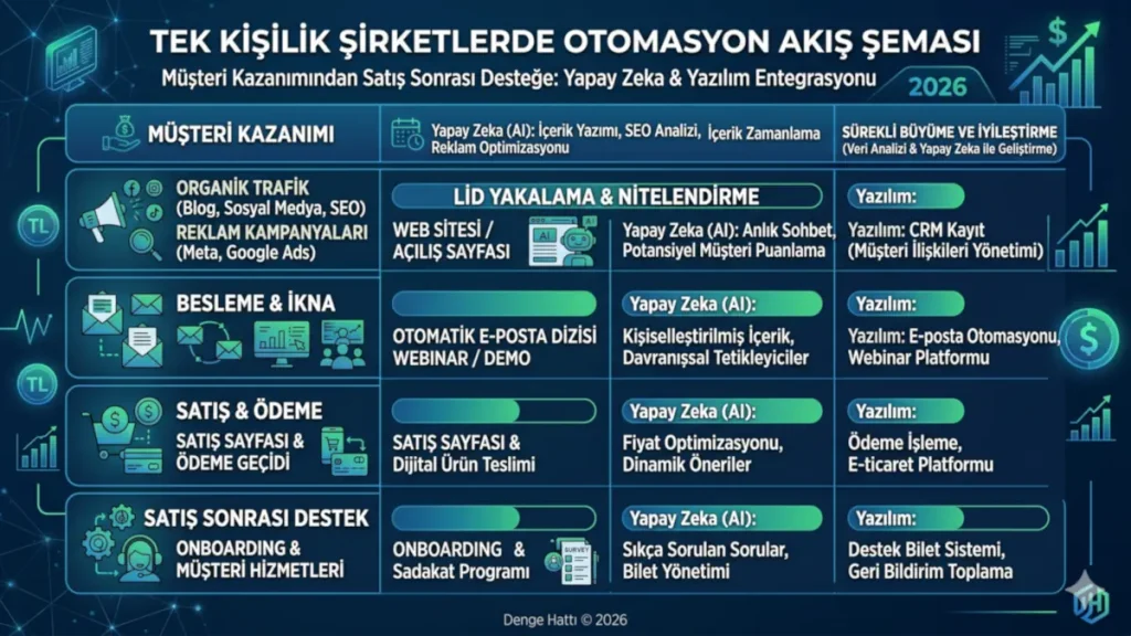 Tek kişilik şirketlerde müşteri kazanımından satış sonrasına kadar olan sürecin yapay zeka ve yazılımlarla otomasyon akış şeması.